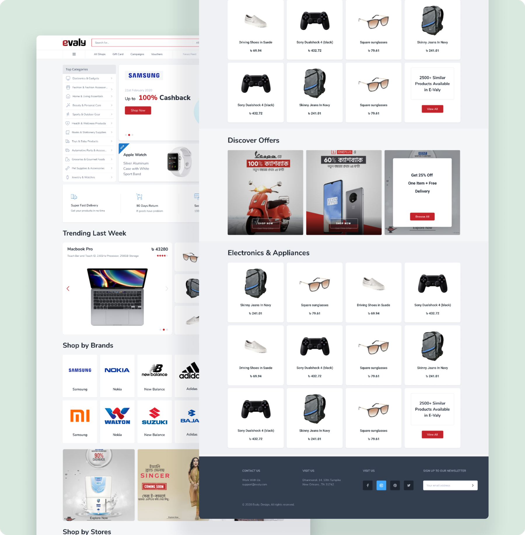 Evaly redesigned landing page — category navigation, hero banner, trending products, discover offers, brand showcase, and footer